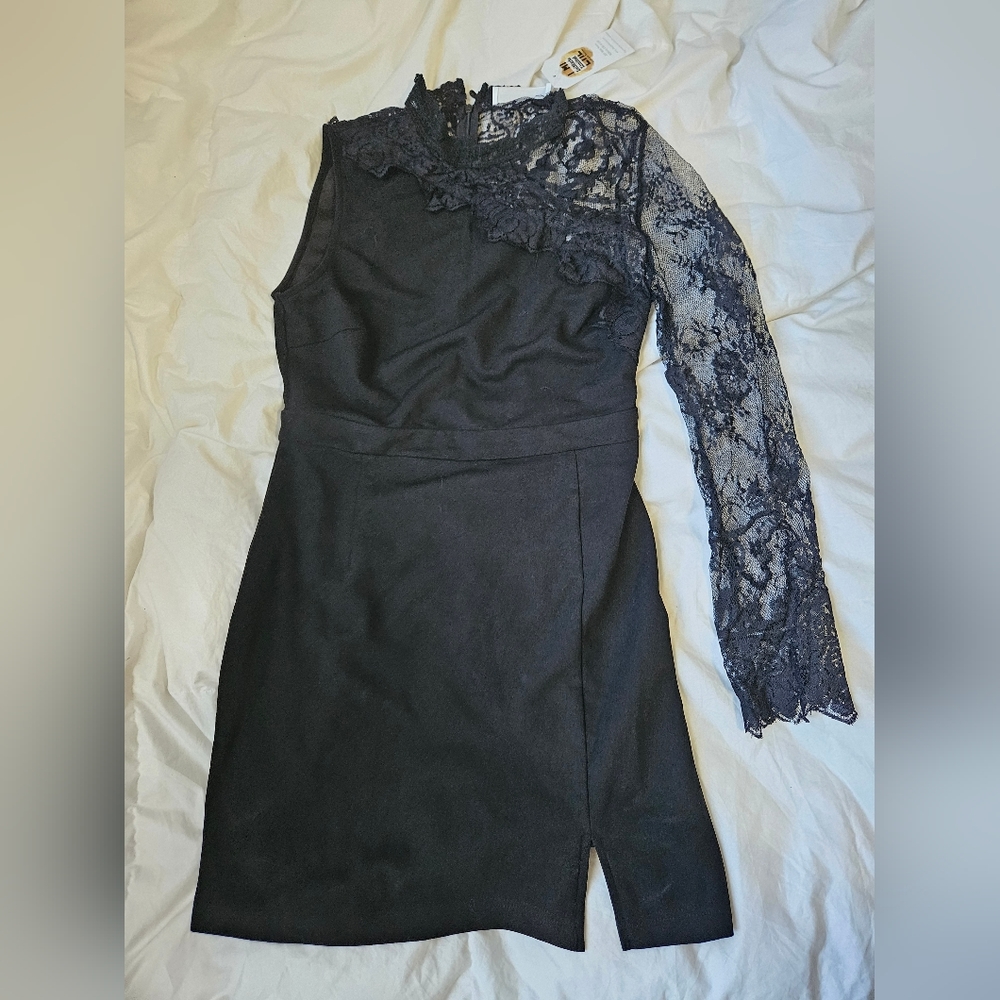 One Shoulder Black Lace Cocktail Dress - Medium